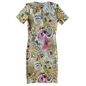 Dolce Dolce Olive Green Abstract Midi Dress with Pink & Brown Accents